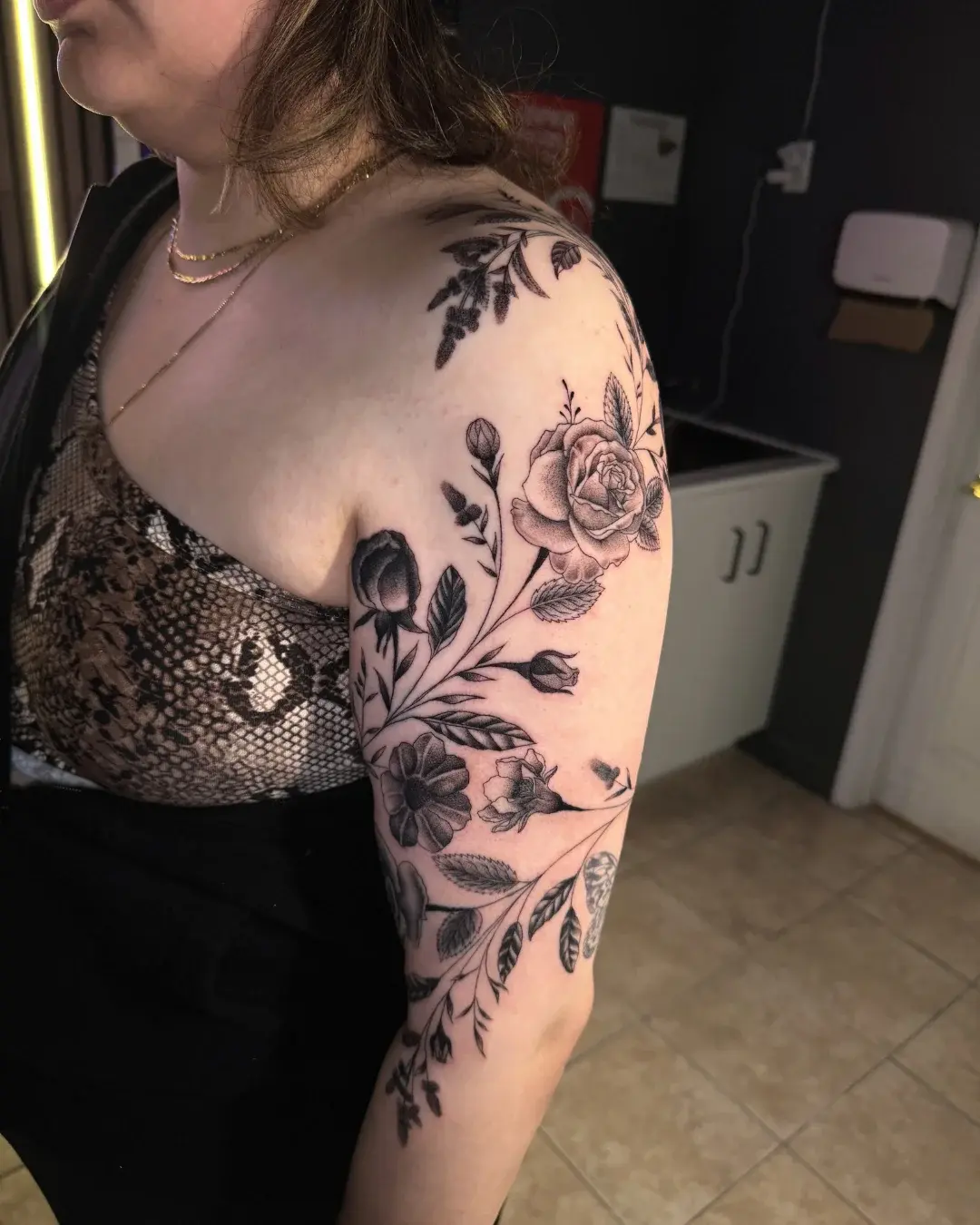Realistic wolf and forest black & grey forearm tattoo