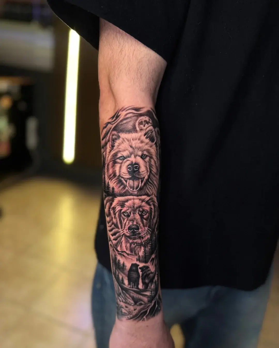 Forest scene cover up tattoo on forearm