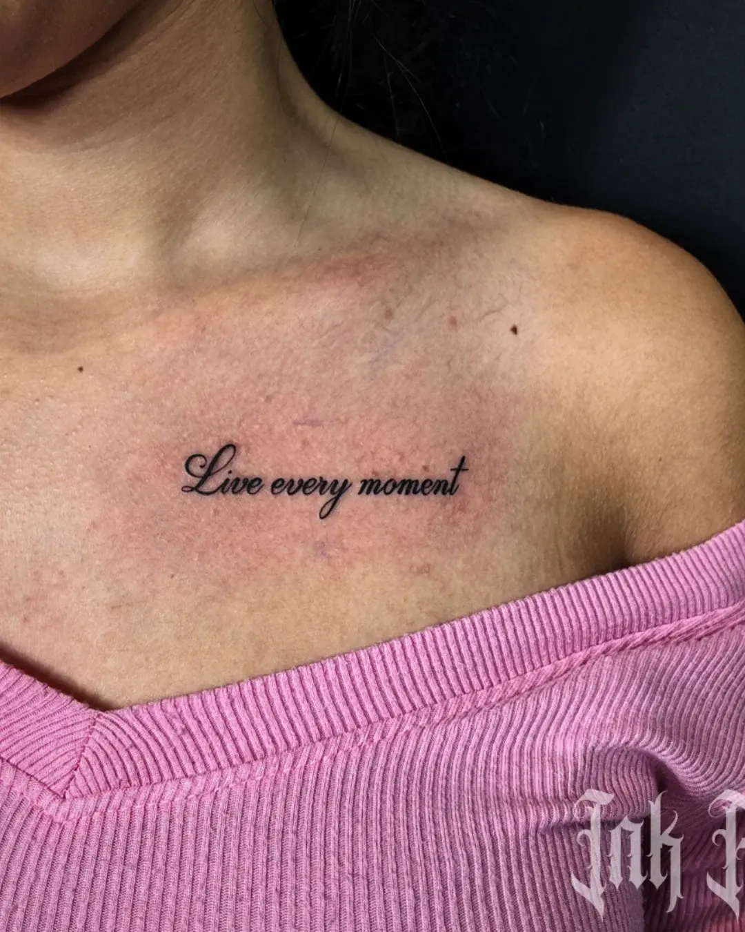 Fine line script tattoo on collarbone